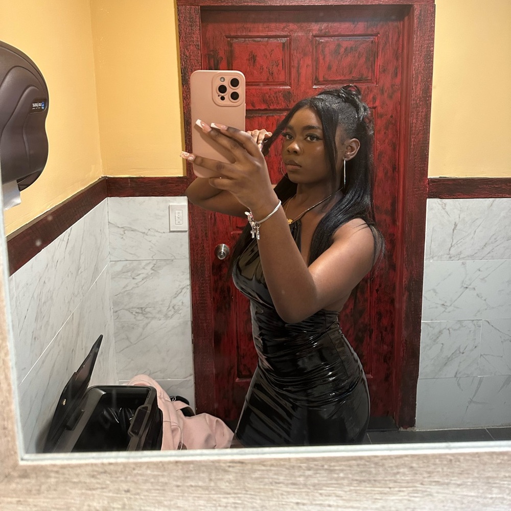 String Black leather latex halter backless dress
